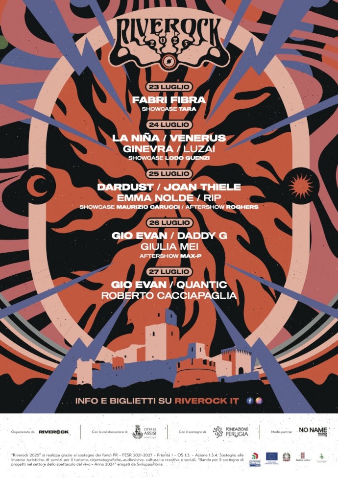 Riverock Fest 2025 (23/27 Luglio, Assisi): annunciata la lineup completa. Fabri Fibra, Venerus, Joan Thiele, Dardust ed Evanland